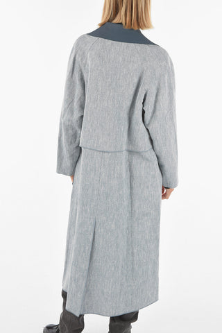 Silk and Linen Maxi Double Breasted Coat with Leather neck