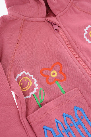 Felpa Ricamo Fiori con Cappuccio e Tasche a Toppa