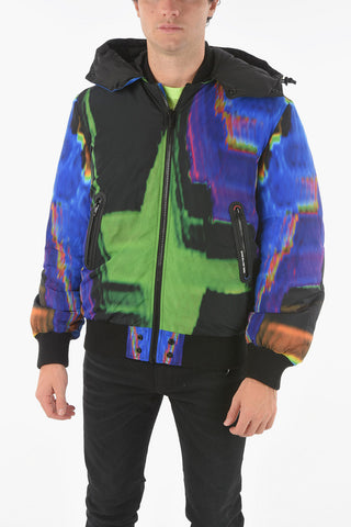 Abstract Printed W-ON-AOP Padded Puffer with Removable Hood