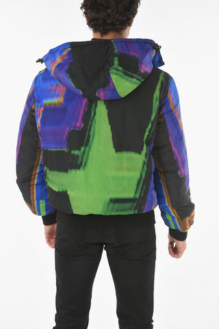 Abstract Printed W-ON-AOP Padded Puffer with Removable Hood