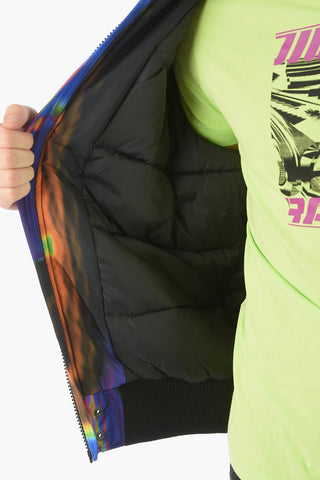Abstract Printed W-ON-AOP Padded Puffer with Removable Hood