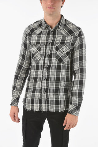 Fringed Hems S-EAST-LONG-TUB Checkered Shirt with Double Breast Pocket