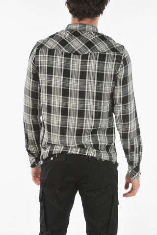 Fringed Hems S-EAST-LONG-TUB Checkered Shirt with Double Breast Pocket
