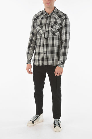 Fringed Hems S-EAST-LONG-TUB Checkered Shirt with Double Breast Pocket