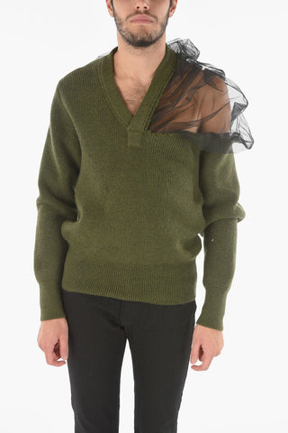 MM10 Maglia in Lana con Scollo a V e Dettaglio Mesh
