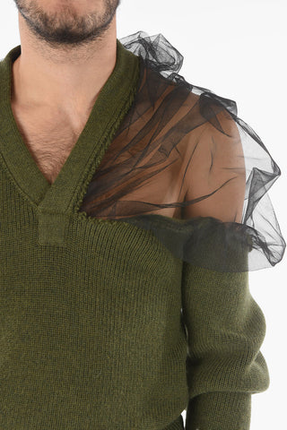 MM10 Maglia in Lana con Scollo a V e Dettaglio Mesh