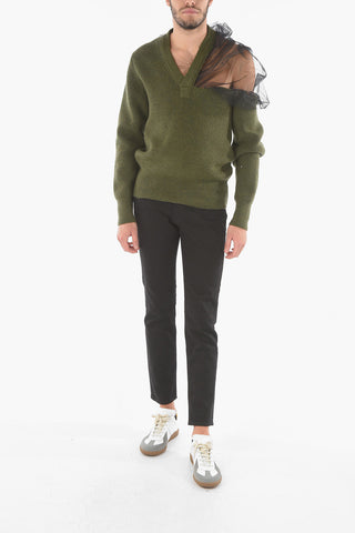 MM10 Maglia in Lana con Scollo a V e Dettaglio Mesh