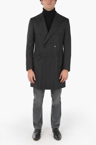 CC COLLECTION Herringbone Patterned Double-breasted Coat with Peak Lapel