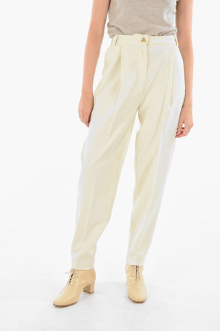 High-waisted Single-pleated Pants with Jewel Button