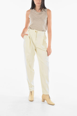 High-waisted Single-pleated Pants with Jewel Button