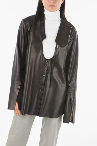 Soft Leather Plunging Necklined Shirt with Lace Detail