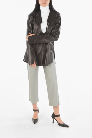 Soft Leather Plunging Necklined Shirt with Lace Detail
