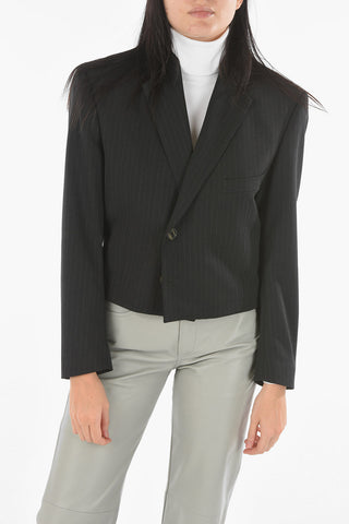 UPCYCLED Virgin Wool Pinstriped Cropped Blazer with Padded Shoulders