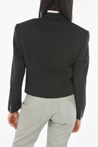 UPCYCLED Virgin Wool Pinstriped Cropped Blazer with Padded Shoulders
