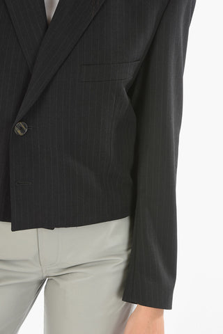 UPCYCLED Virgin Wool Pinstriped Cropped Blazer with Padded Shoulders