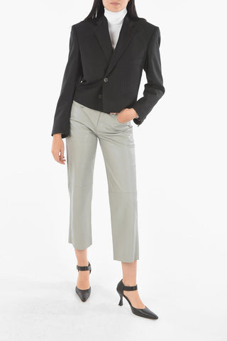 UPCYCLED Virgin Wool Pinstriped Cropped Blazer with Padded Shoulders