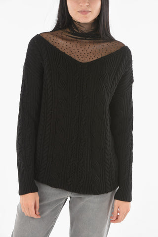 Rhinestone Mesh Insert Aran Wool Blend Sweater