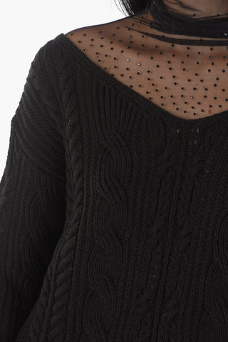 Rhinestone Mesh Insert Aran Wool Blend Sweater