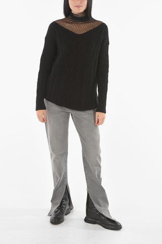 Rhinestone Mesh Insert Aran Wool Blend Sweater