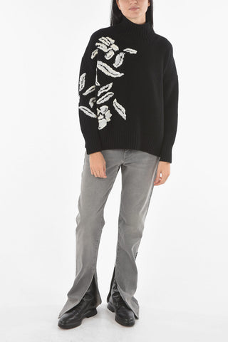 Turtleneck Floral Embroidery Pullover