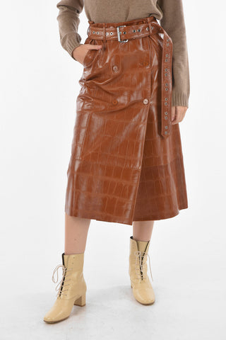 Crocodrile Effect Leather Maxi Skirt with Belt