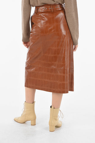 Crocodrile Effect Leather Maxi Skirt with Belt