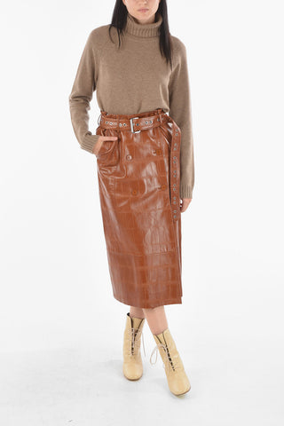 Crocodrile Effect Leather Maxi Skirt with Belt