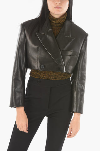 Soft Leather Double-breasted Cropped Blazer with Padded Shoulders