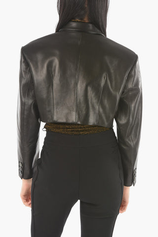 Soft Leather Double-breasted Cropped Blazer with Padded Shoulders