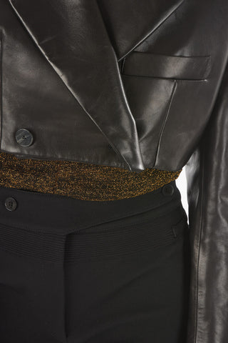 Soft Leather Double-breasted Cropped Blazer with Padded Shoulders