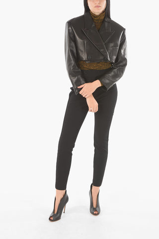 Soft Leather Double-breasted Cropped Blazer with Padded Shoulders