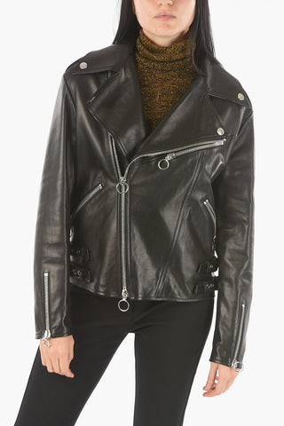 Soft Leather Oversize Biker Jacket with Side Buckles