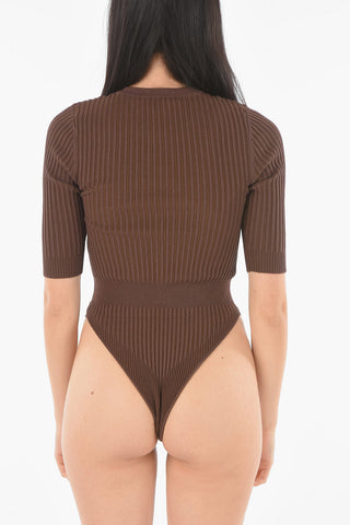 Ribbed Slim Fit Bodysuit with 3/4 Sleeve