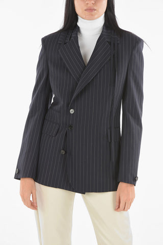 Virgin Wool Blend Pinstriped Double-breasted Blazer with Double Lace Detail