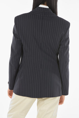 Virgin Wool Blend Pinstriped Double-breasted Blazer with Double Lace Detail