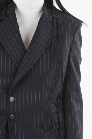 Virgin Wool Blend Pinstriped Double-breasted Blazer with Double Lace Detail