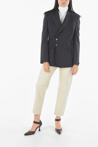 Virgin Wool Blend Pinstriped Double-breasted Blazer with Double Lace Detail