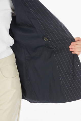 Virgin Wool Blend Pinstriped Double-breasted Blazer with Double Lace Detail