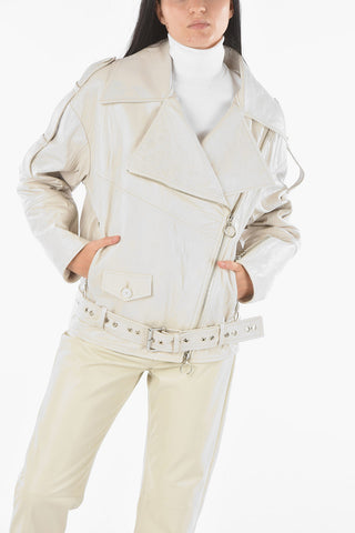Soft Leather Biker Jacket with Eyelet Embellished Belt