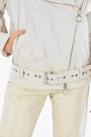 Soft Leather Biker Jacket with Eyelet Embellished Belt
