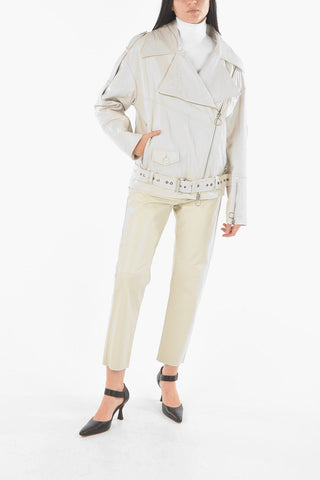 Soft Leather Biker Jacket with Eyelet Embellished Belt