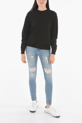 Crew Neck Cuffed Sleeve Cotton Sweater