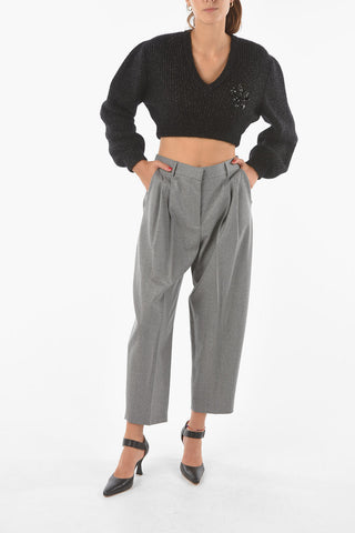 Maglia Crop in Misto Lana con Fiore in Vetro decorativo
