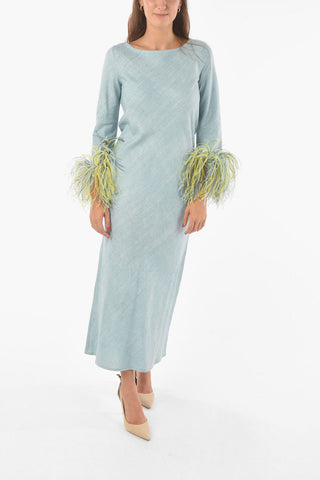 Silk Maxi Dress With Feathers on Bottom Sleeves