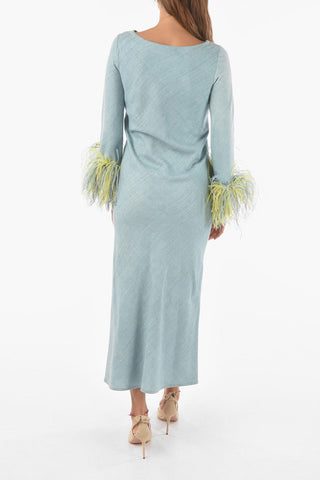 Silk Maxi Dress With Feathers on Bottom Sleeves