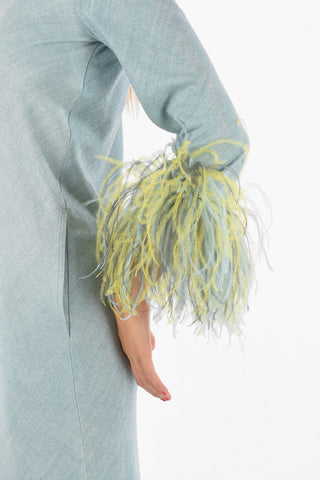 Silk Maxi Dress With Feathers on Bottom Sleeves