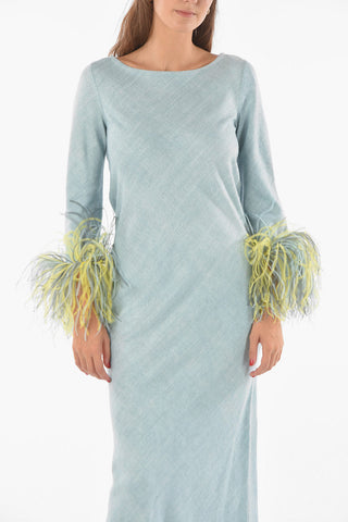 Silk Maxi Dress With Feathers on Bottom Sleeves