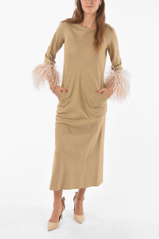 Silk Maxi Dress with Feather Trim at Sleeve Hem