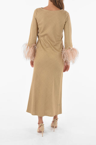 Silk Maxi Dress with Feather Trim at Sleeve Hem