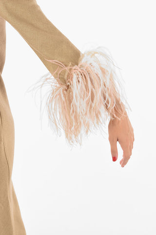 Silk Maxi Dress with Feather Trim at Sleeve Hem